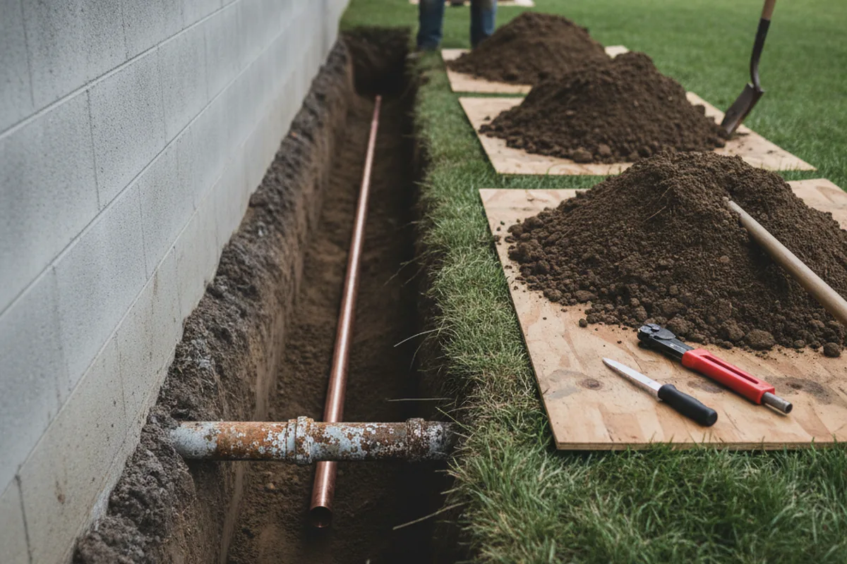 Excavated water line trench during Sewer Line Repair in Lanark